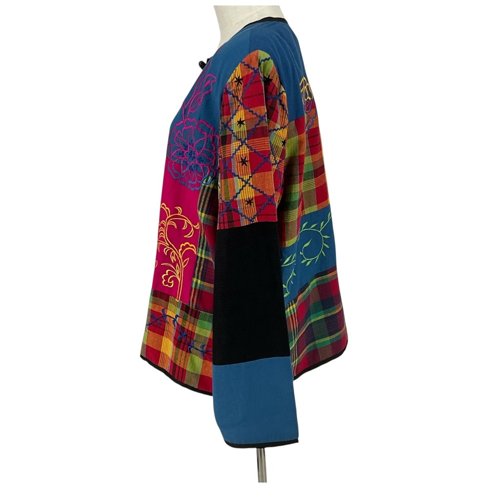 Alex Kim Patchwork Embroidered Jacket Blue Pink Plaid Artsy Boho XL - Picture 3 of 7